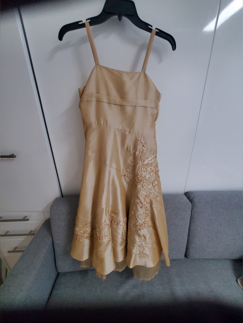 Oasis Gold Embroidered Satin Spaghetti-Strap Dress